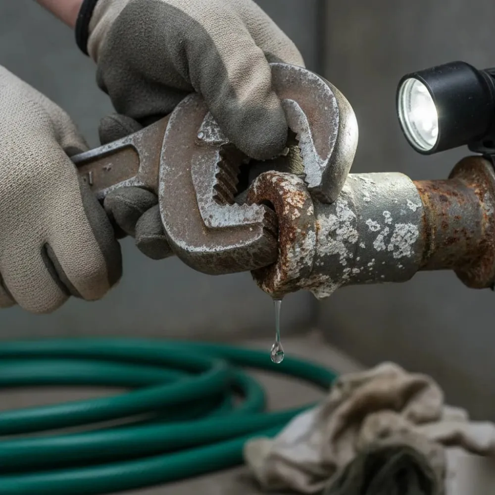 Wrench on a corroded commercial pipe fitting with water dripping