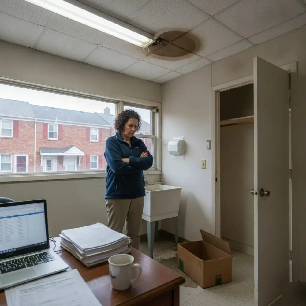 Office manager looking up at a water stain spreading across a ceiling tile