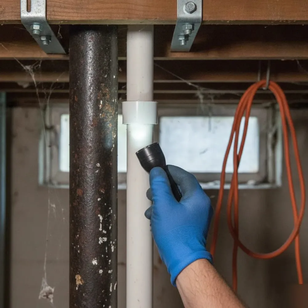 Flashlight inspecting an old corroded cast iron pipe next to a newer white PVC pipe