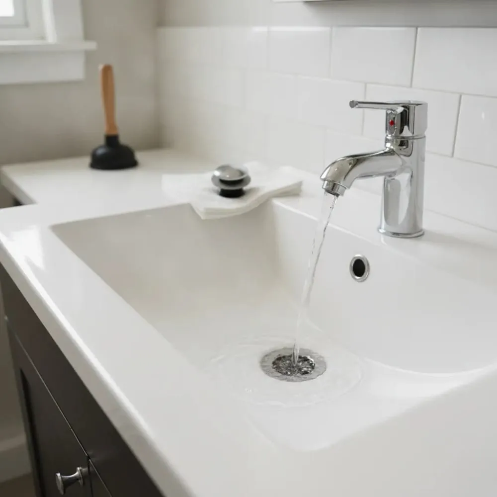 Clean bathroom sink with a plunger nearby and water draining normally