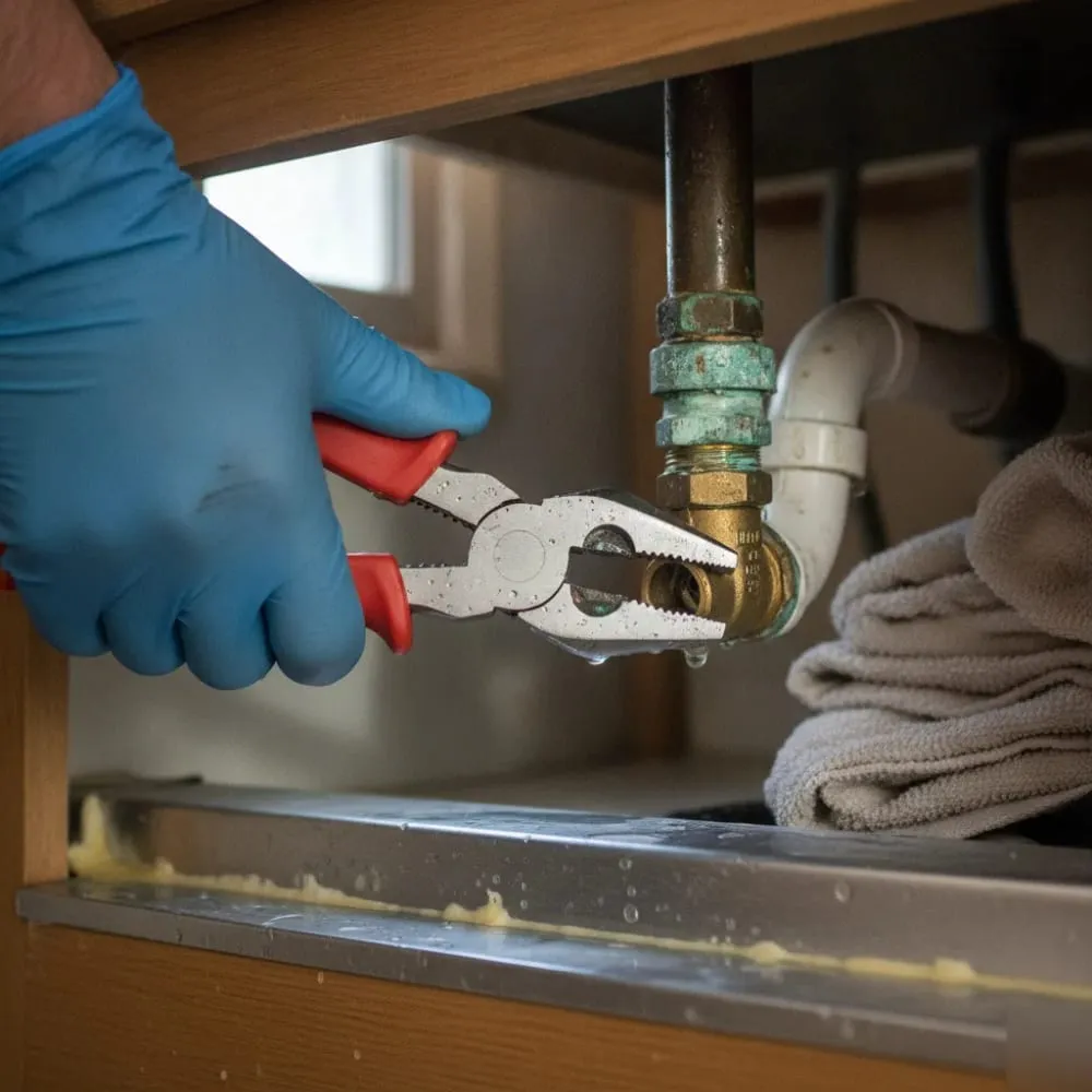 Gloved hands using pliers to work on a corroded fitting under a sink