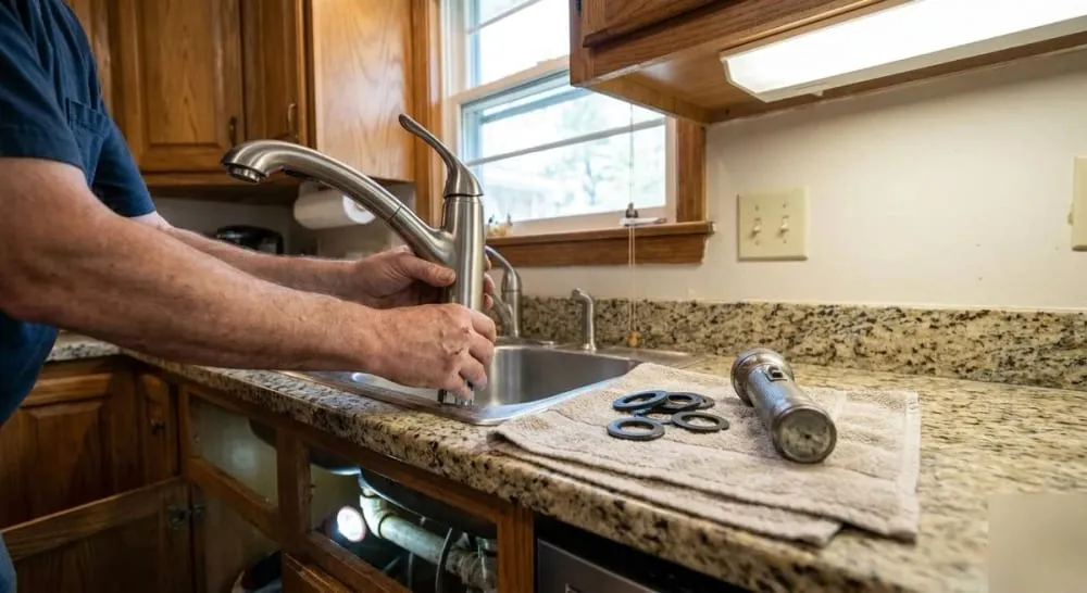 New stainless steel kitchen faucet being installed with washers and a flashlight laid out on the counter