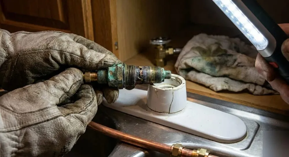 Heavily corroded old faucet valve stem being removed from underneath a sink