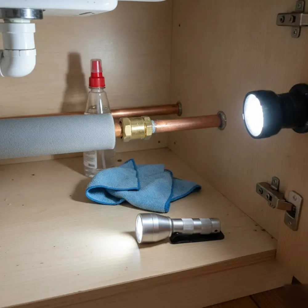 Insulated pipe under a sink with a flashlight and cloth laid out