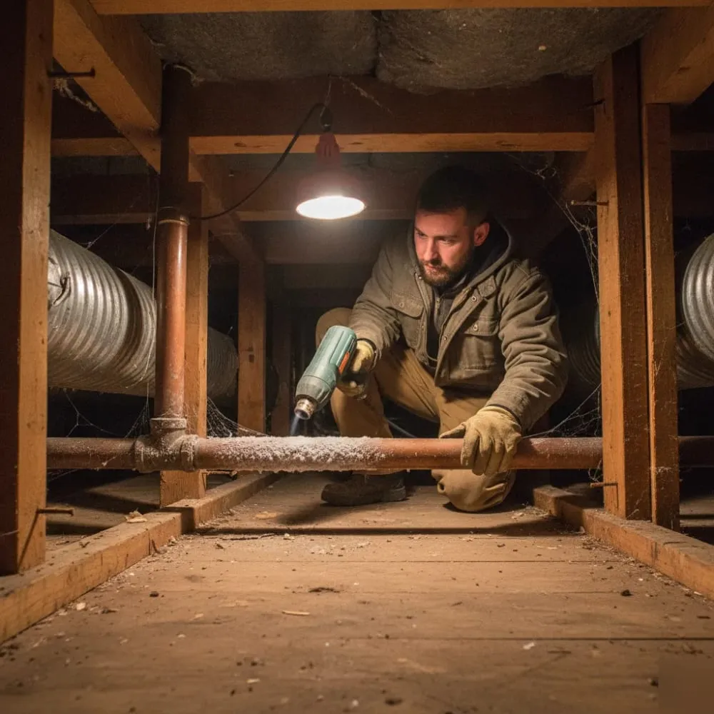 Plumber using a heat gun to thaw a frost-covered pipe in a crawl space