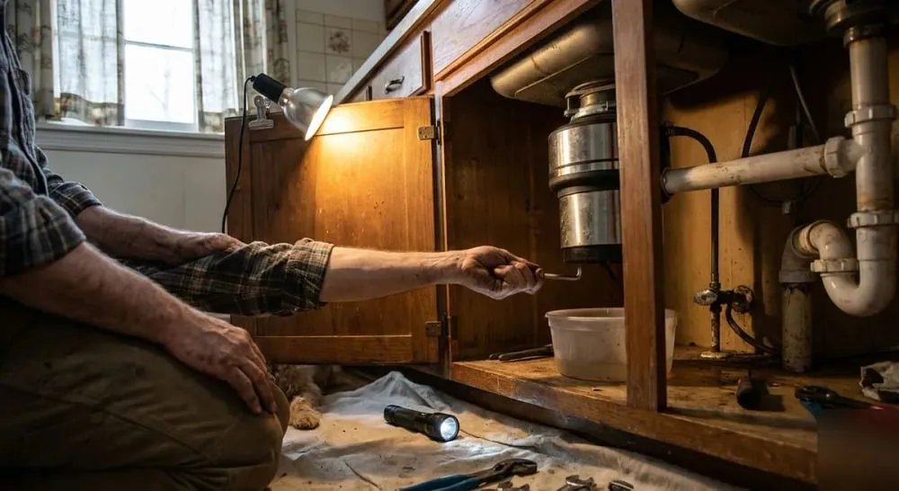 Plumber using a hex wrench on a garbage disposal under a kitchen sink with tools laid out
