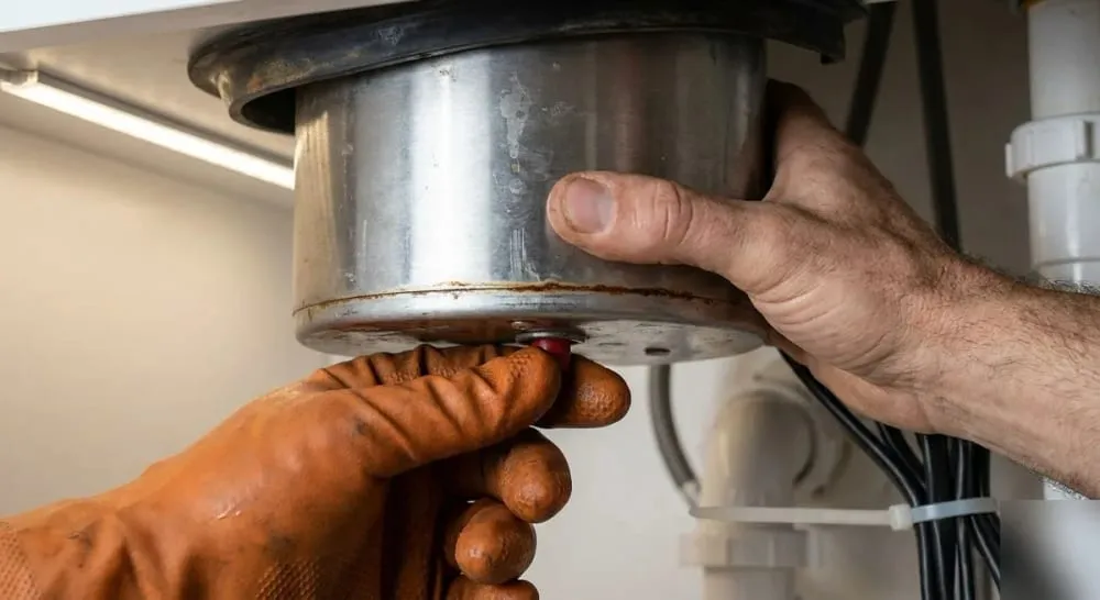 Pressing the reset button on the bottom of a garbage disposal