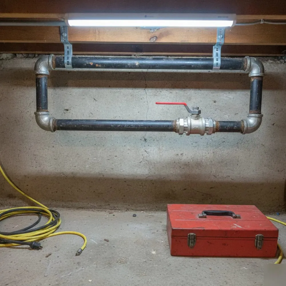 Black iron gas piping with a shutoff valve in a basement