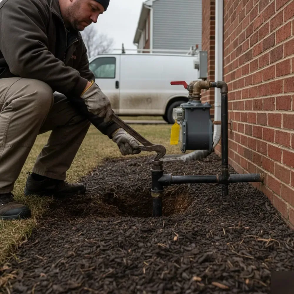 Plumber working on an outdoor gas meter and line next to a house