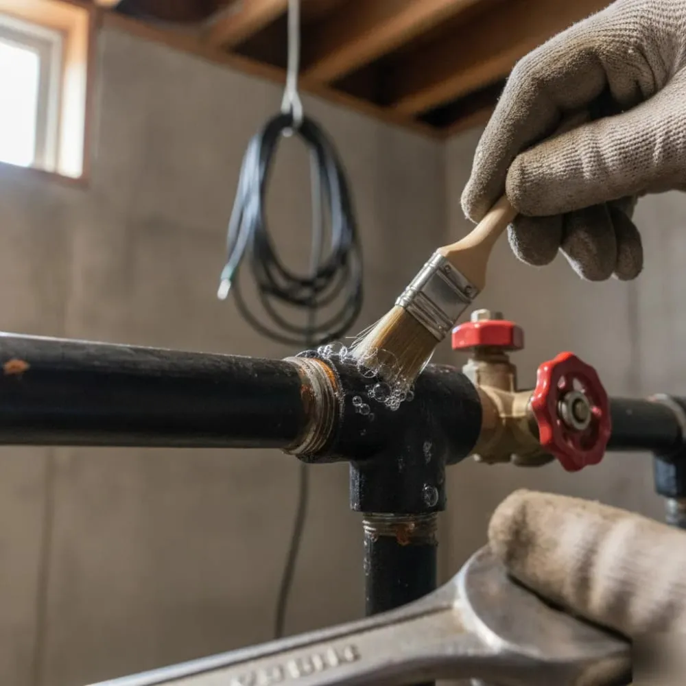 Brushing leak-detection solution onto a gas pipe fitting to check for bubbles