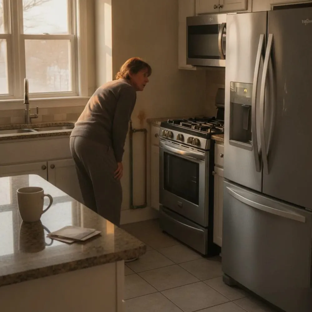 Woman leaning toward her gas stove, looking concerned