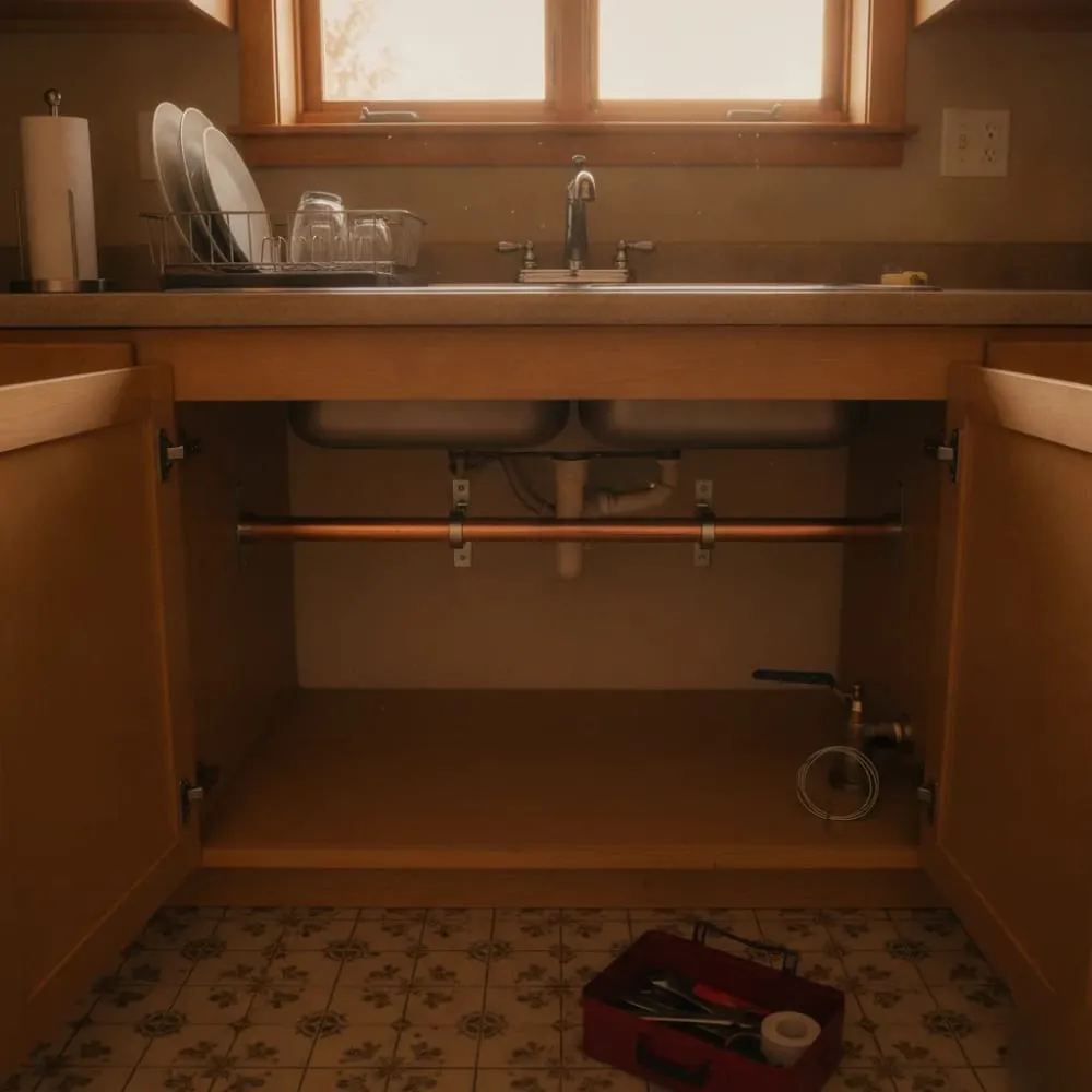 Open cabinet under a kitchen sink with a toolbox ready for a repair