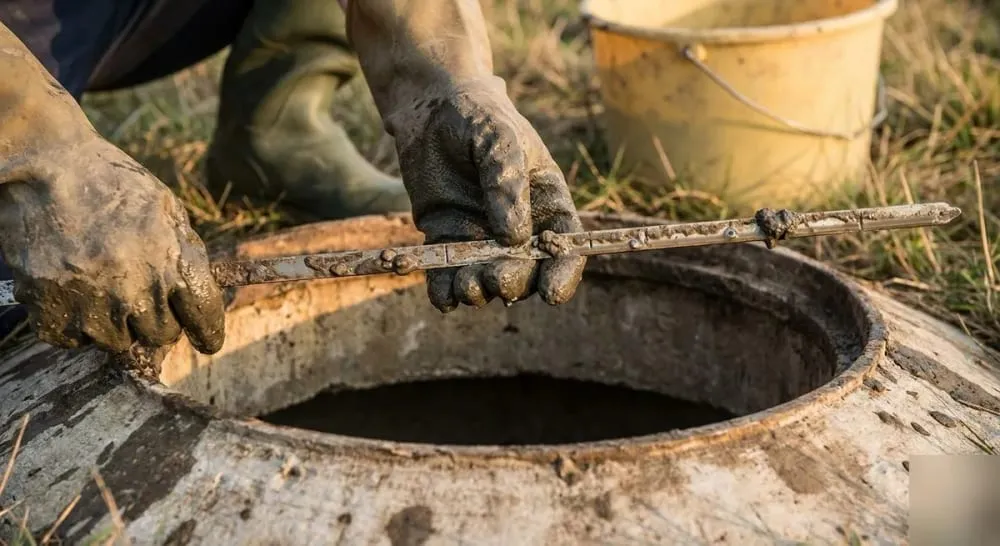 Measuring the sludge layer inside an open septic tank with a probe