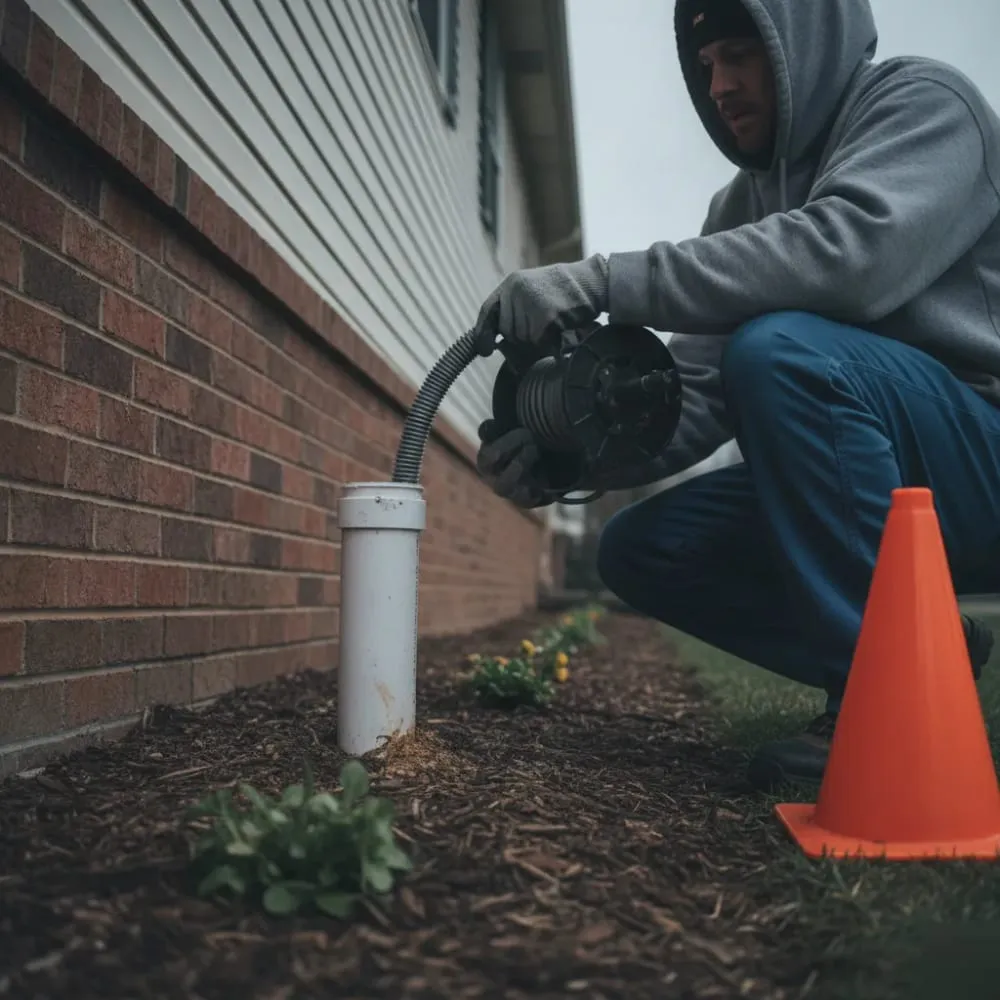 Plumber feeding a sewer camera cable into an outdoor cleanout access pipe