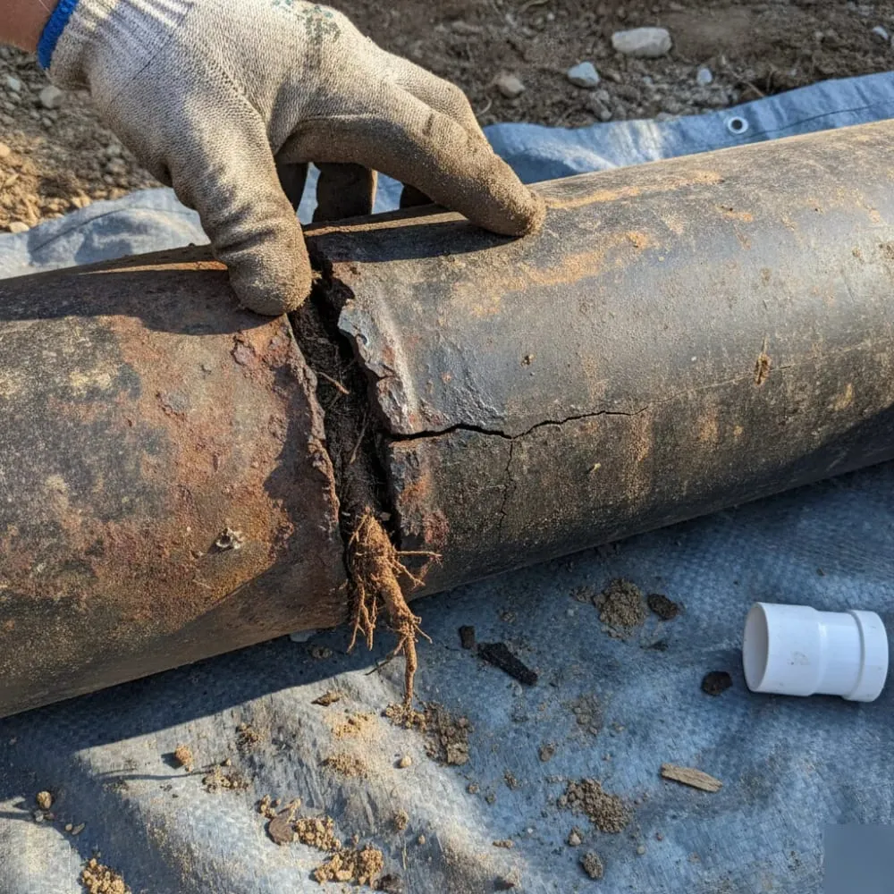 Tree roots growing through a cracked joint in an old cast iron sewer pipe