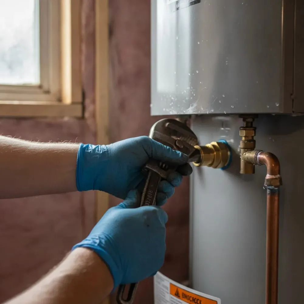 Wrench tightening a fitting on an older water heater's gas line