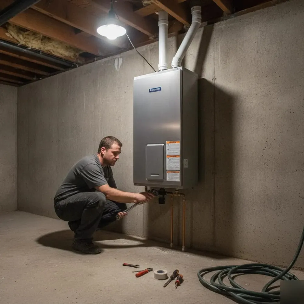 Plumber installing a wall-mounted tankless water heater in an unfinished basement