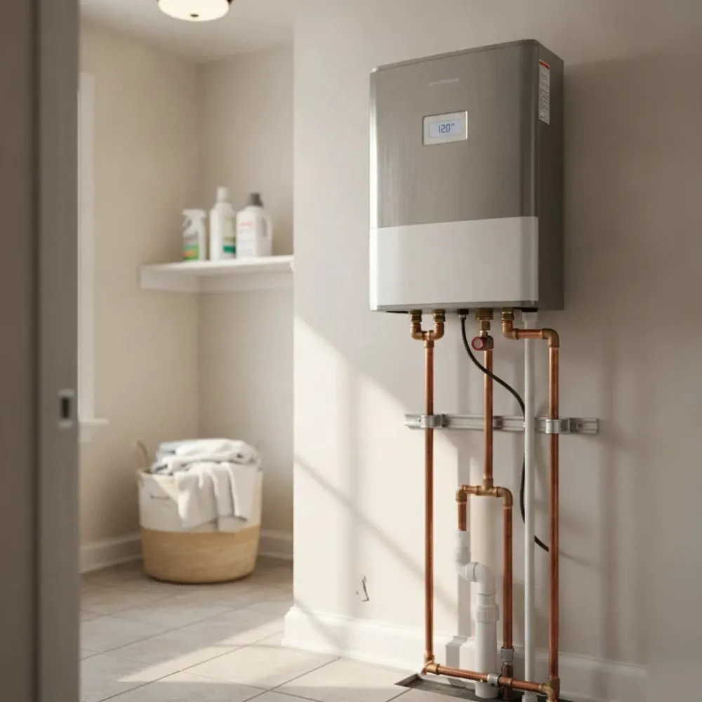 Wall-mounted tankless water heater with digital display installed near a laundry closet