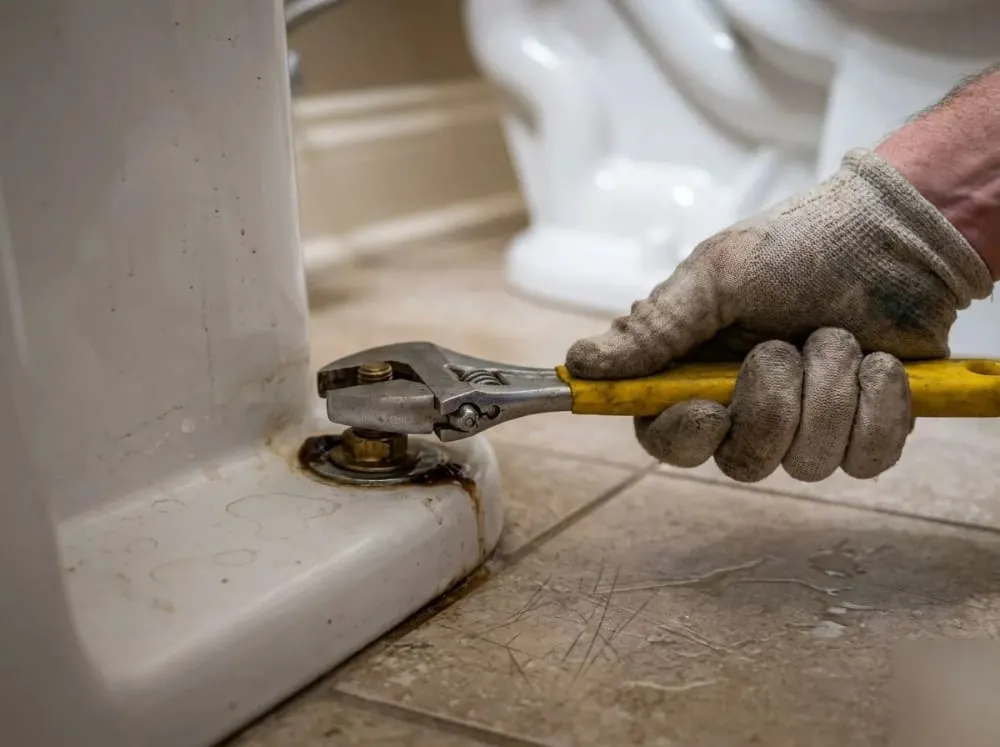 Pliers tightening a corroded bolt at the base of a toilet with water staining nearby
