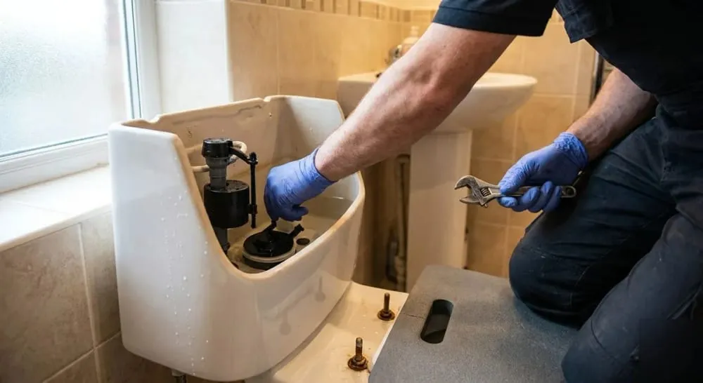 Plumber repairing the fill valve inside a toilet tank