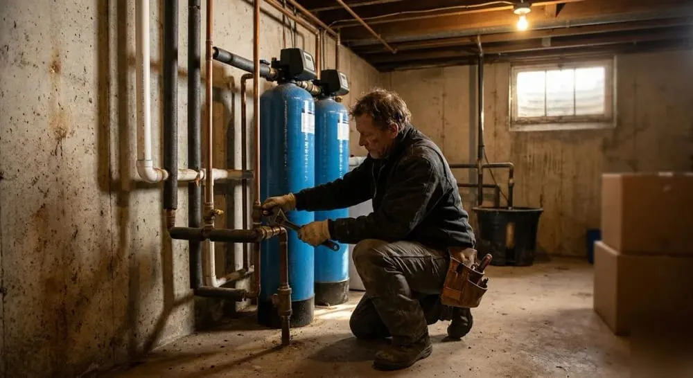 Plumber installing blue whole-house water filtration and softener tanks in a basement