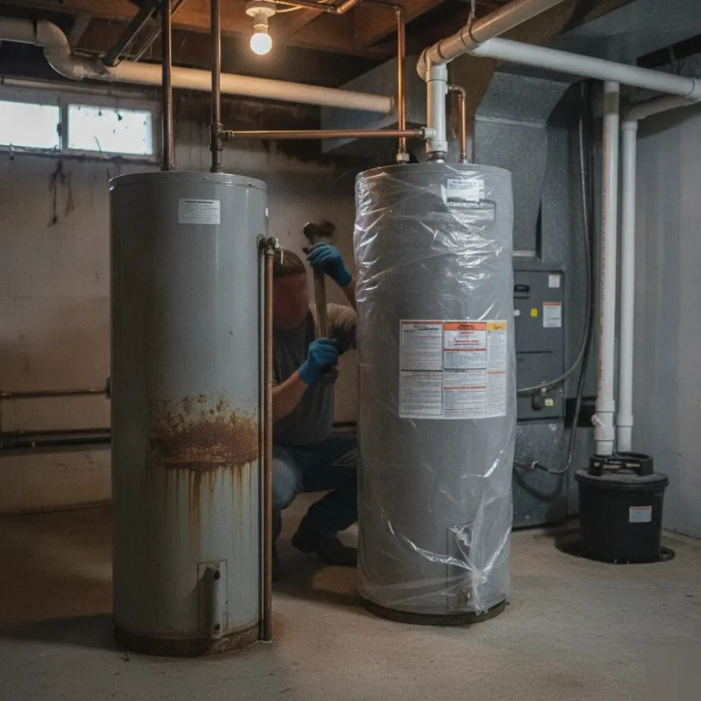 Old rusted water heater tank next to a new shrink-wrapped replacement tank in a basement