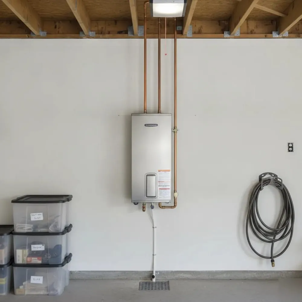 Wall-mounted tankless water heater installed in a garage