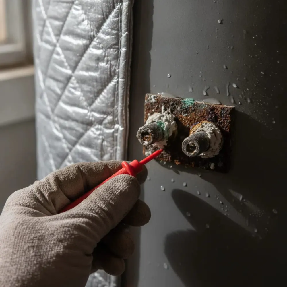 Close-up of corroded, leaking fittings on top of a water heater tank