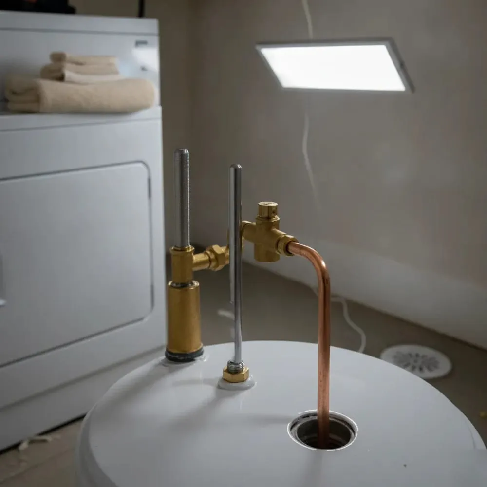 Top of a water heater tank showing anode rod and pressure relief valve during service